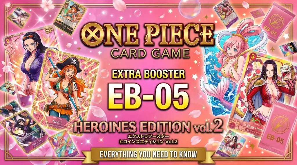 One Piece Card Game EB-05 Heroines Edition Vol 2 promotional banner featuring Nico Robin, Nami, Shirahoshi, and Boa Hancock cards on a pink cherry blossom background