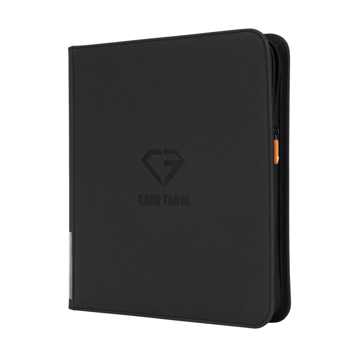 12-Pocket Card Binder Black with sleek design, smooth zipper, and durable surface for storing trading cards.