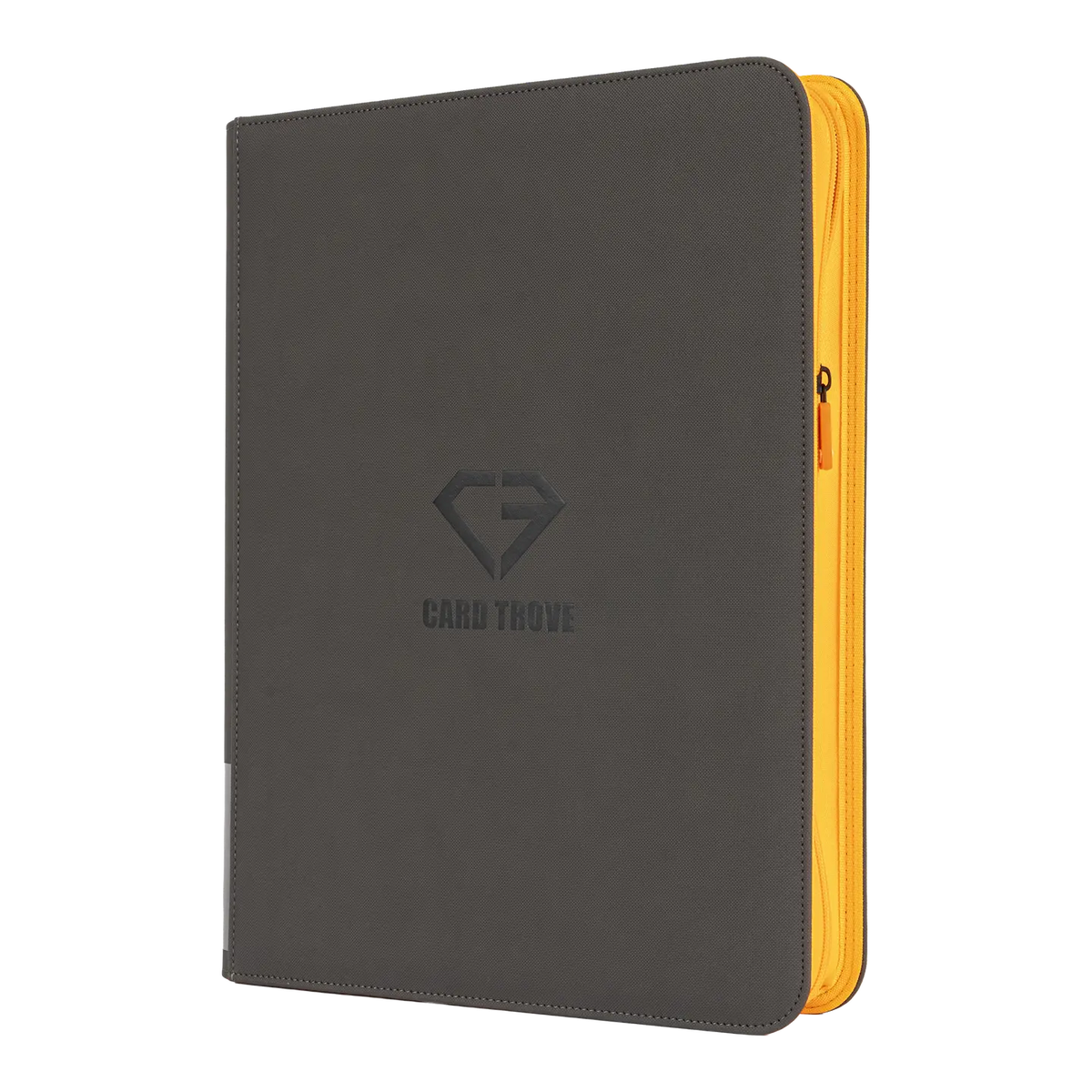 9-Pocket Toploader Card Binder - Trove Limited in grey with orange zipper, ideal for storing trading cards.