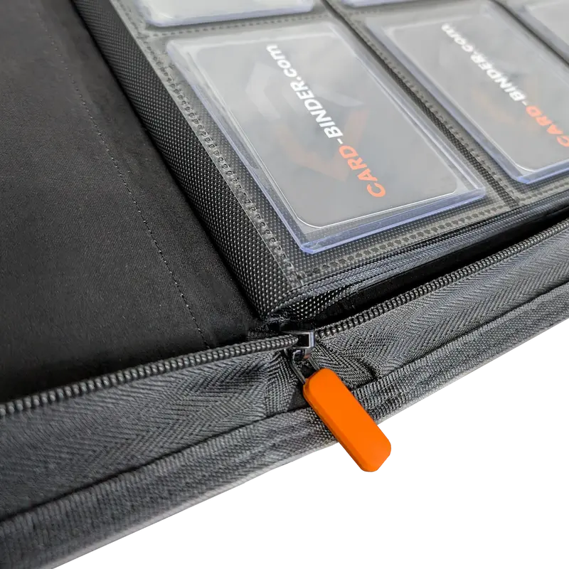 Close-up of the zipper and compartments of the 9 Pocket Toploader Card Binder, showcasing its quality design and durability.