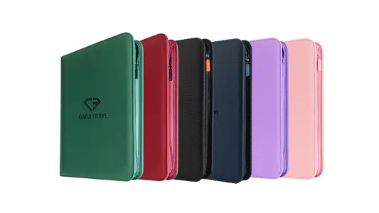 Colorful range of zippered folders in green, red, black, purple, pink, showcasing a sleek design.