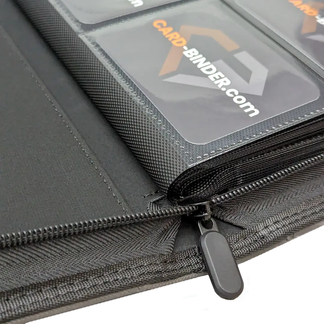 Inside view of a Gold Lining Spellbook 12 Pocket Card Binder, 16 Pocket DEX Card Binder, 9 Pocket Card Binder, 12 Pocket Card Binder, showcasing ultra-clear compartments and smooth zipper for secure card storage.