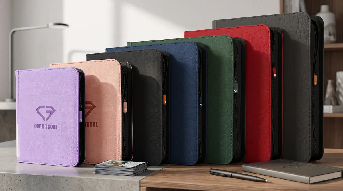 Assorted card holders in various colors displayed on a table with business accessories.
