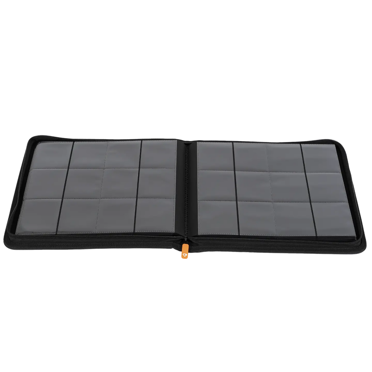12-Pocket Card Binder Black opened to show ultra clear compartments for organizing trading cards.
