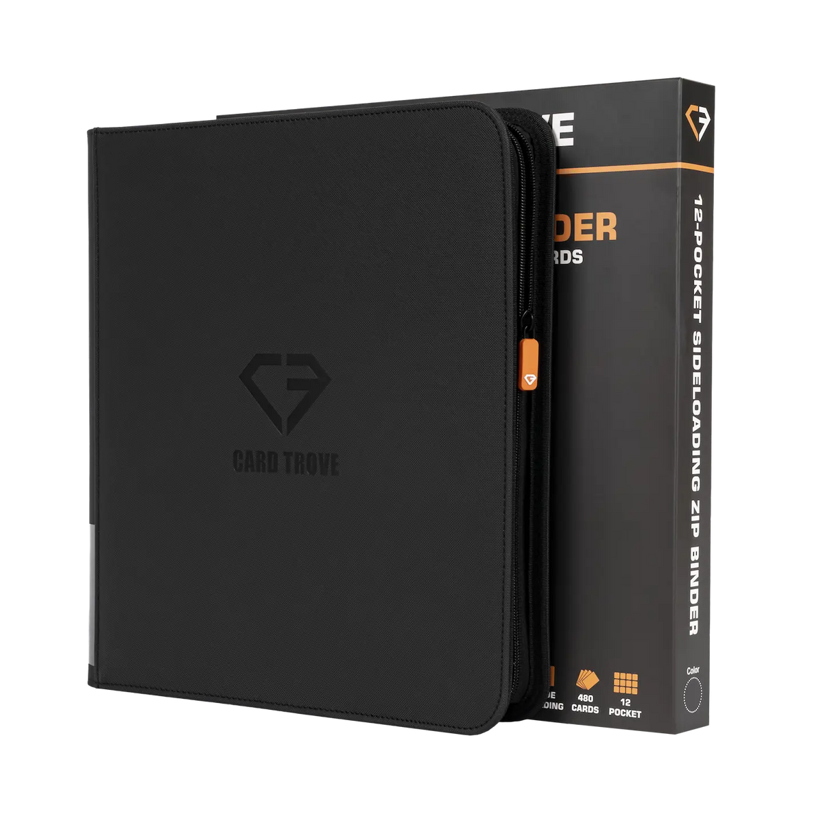 12-Pocket Card Binder Black with smooth zipper for standard trading cards storage.