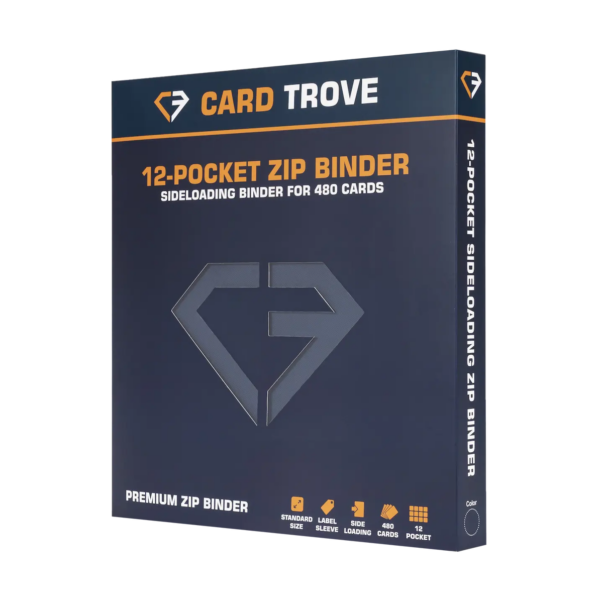12-Pocket Card Binder Blue showcasing a sideloading design for storing 480 standard trading cards.