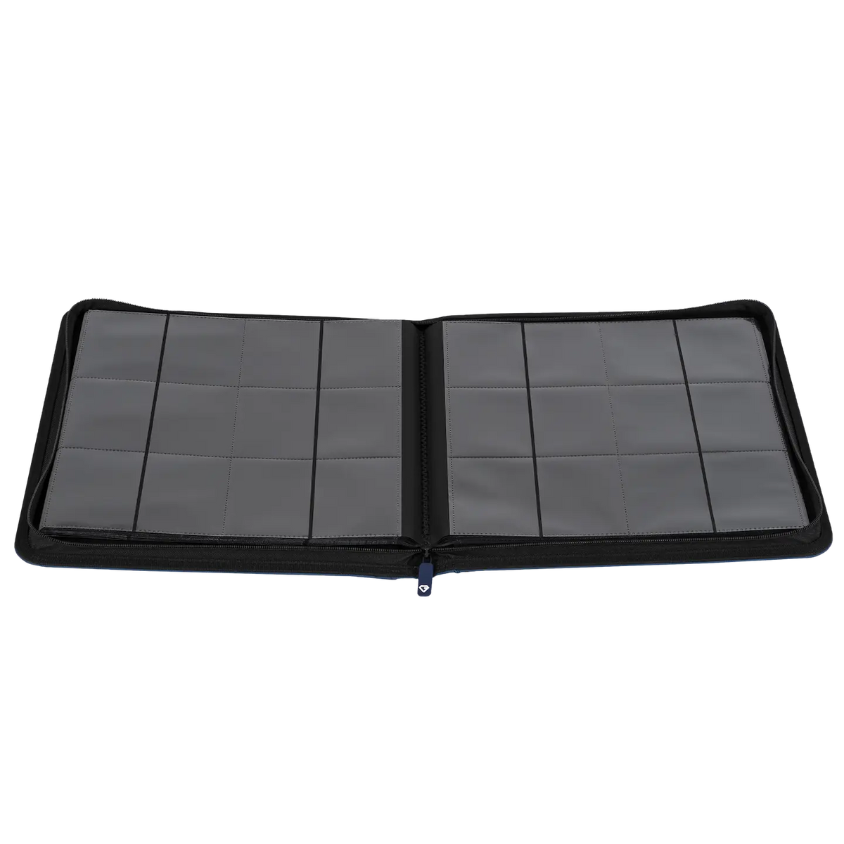 12-Pocket Card Binder Blue opened to display compartments for standard trading cards.