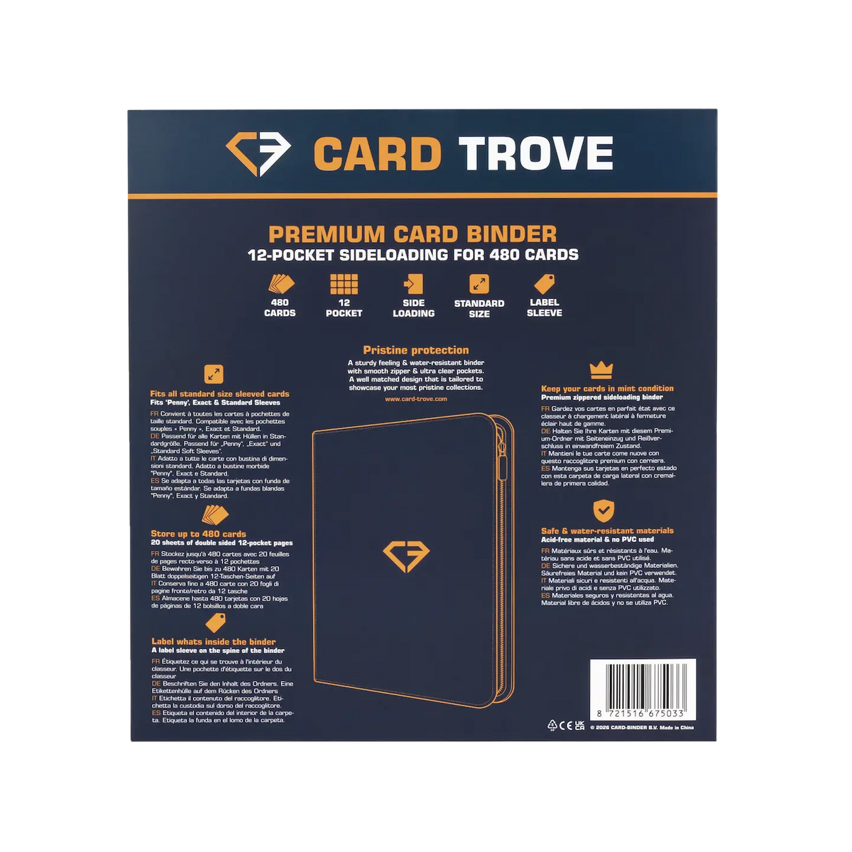 12-Pocket Card Binder Blue with premium features, 480 card capacity, ultra-clear compartments, and splash-resistant design.