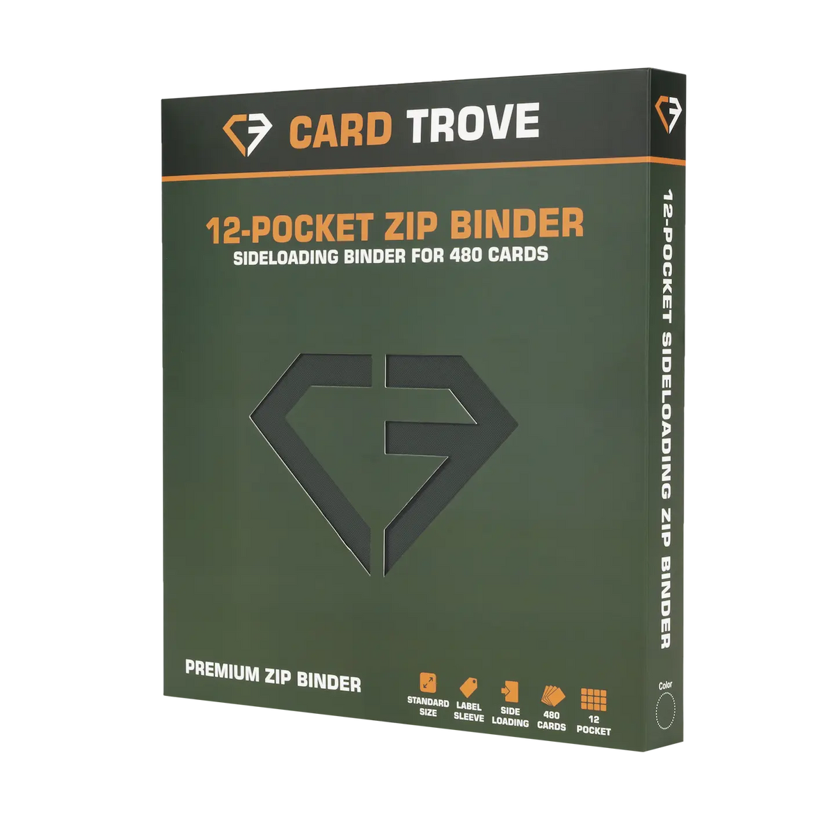 Reliure de cartes à 12 pochettes verte avec capacité de 480 cartes et conception à chargement latéral pour cartes à collectionner standard.