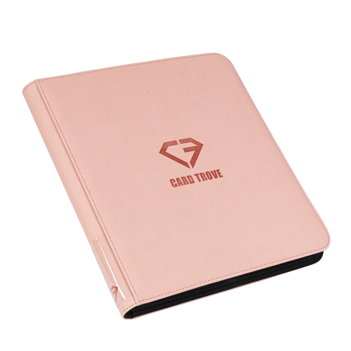 12 Pocket Card Binder Pink with a smooth zipper and ultra clear compartments for trading cards.