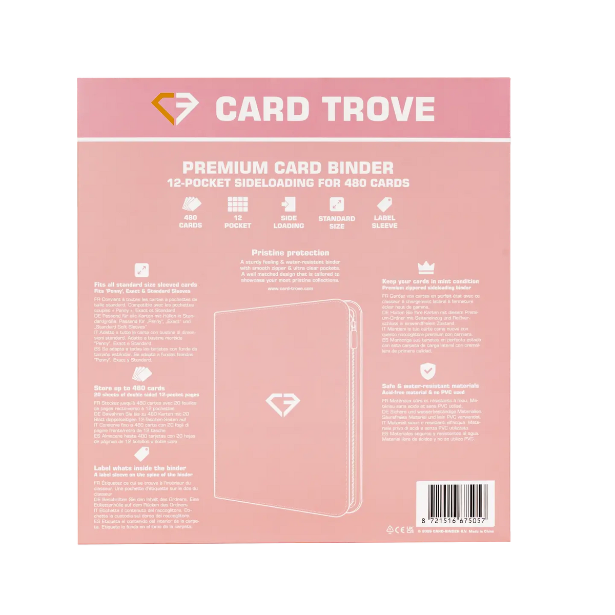 12 Pocket Card Binder Pink premium card binder for 480 standard trading cards with sideloading compartments.