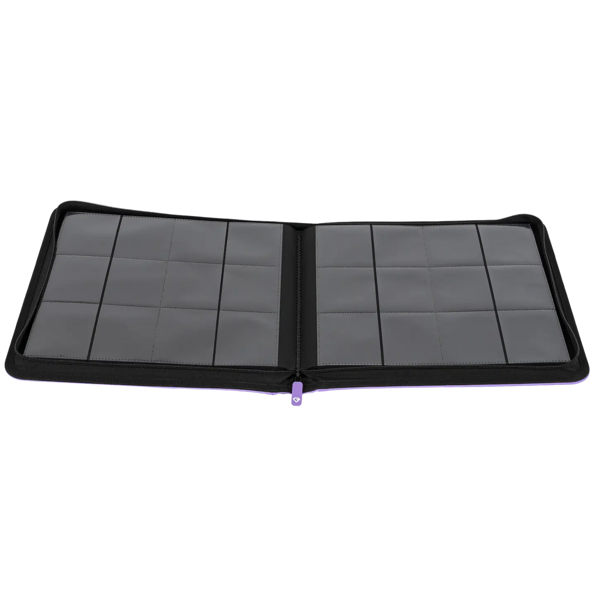 Open view of a 12-Pocket Card Binder Purple, showcasing slots for standard trading cards.