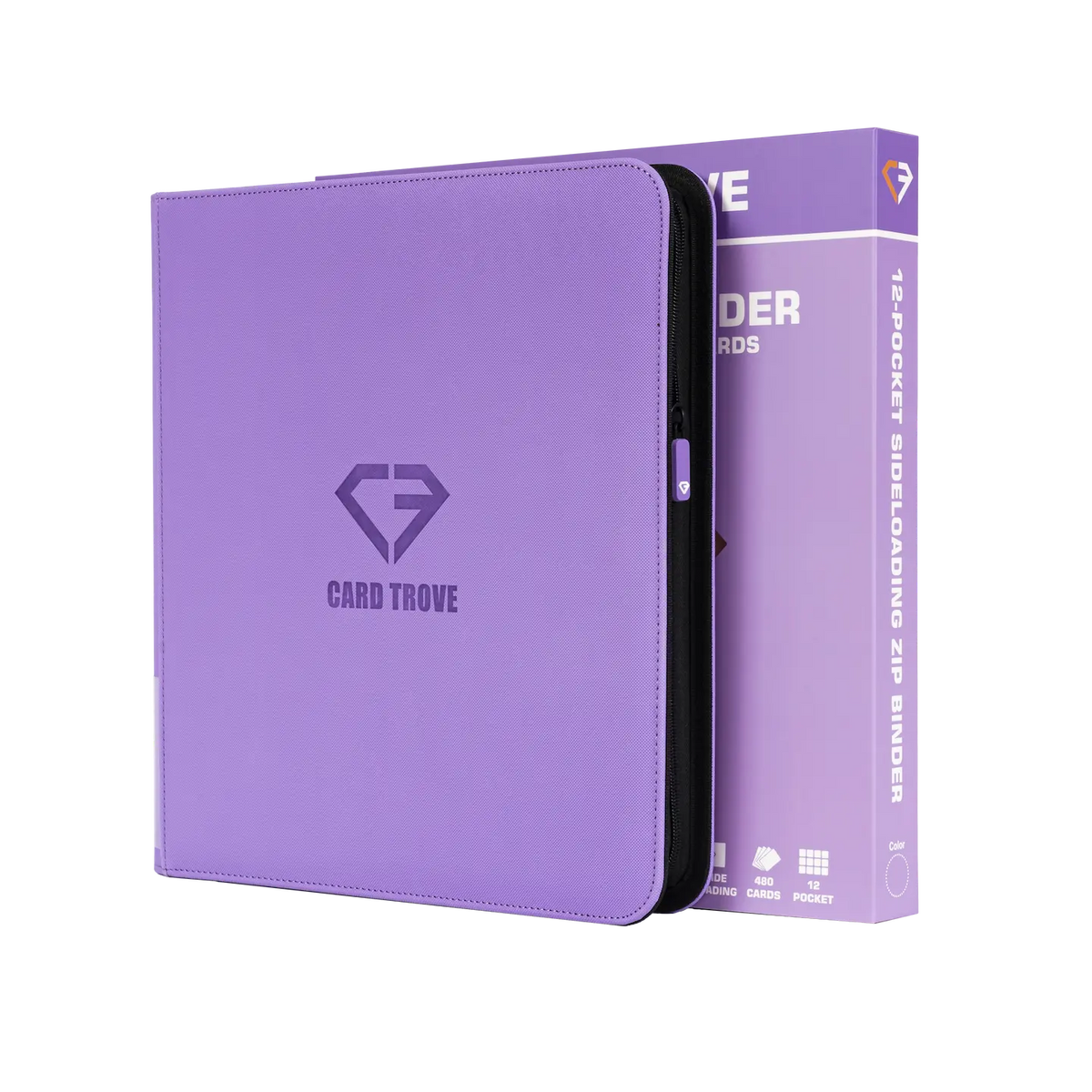 12-Pocket Card Binder Purple shown with a vibrant purple cover and secure zipper, perfect for standard trading cards.