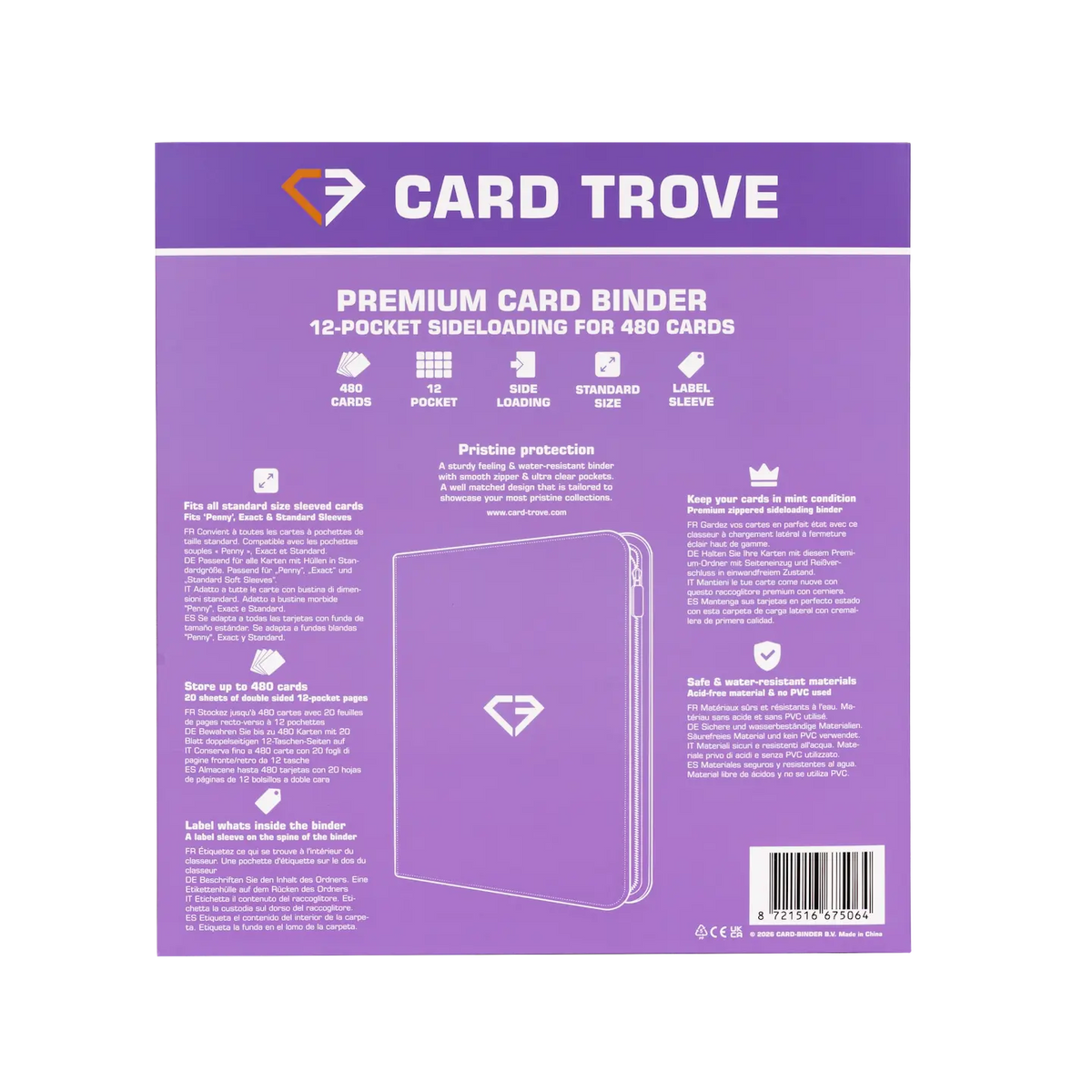 12-Pocket Card Binder Purple back cover showcasing features and storage capacities for trading cards.
