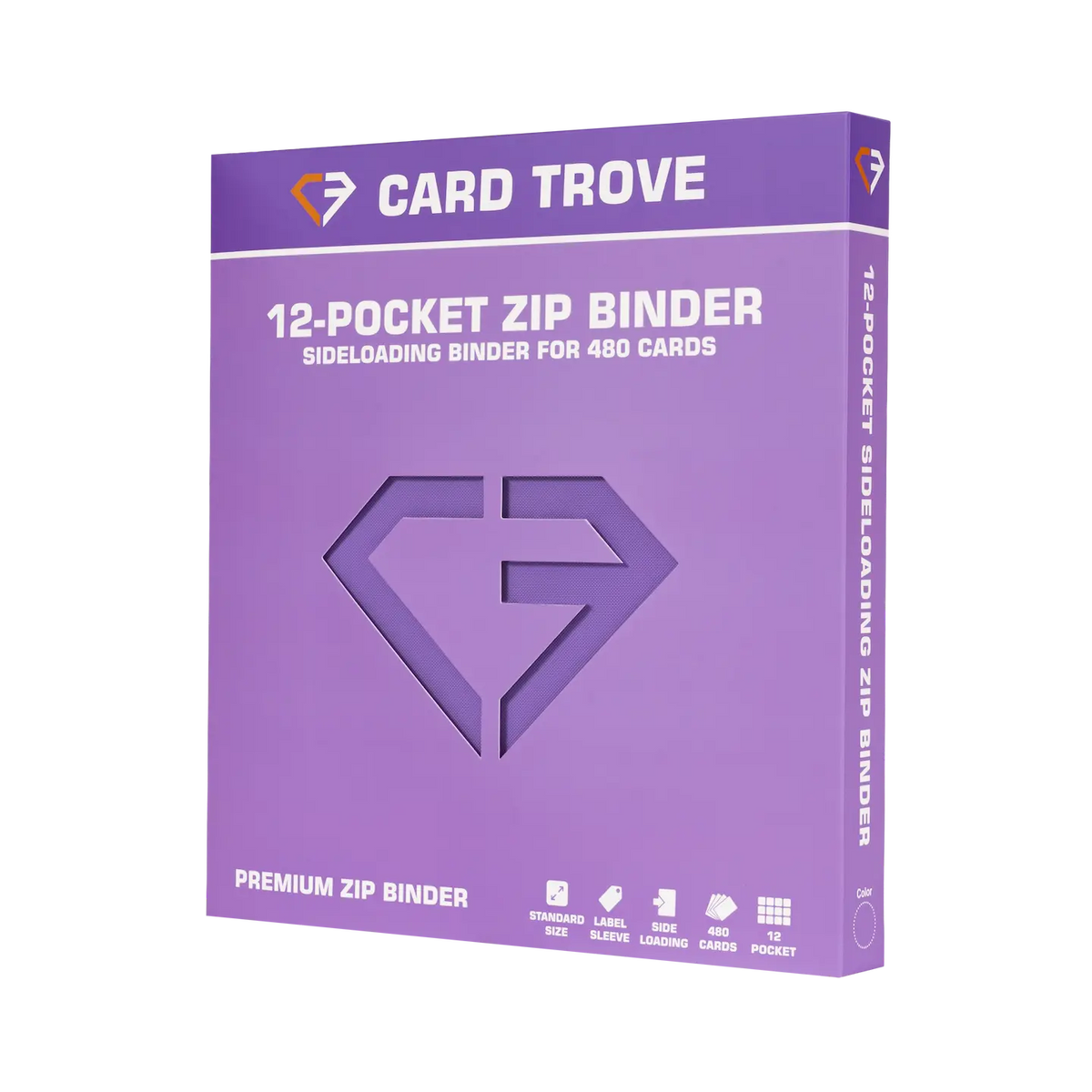 12-Pocket Card Binder Purple packaging showing a premium zip binder designed for 480 standard trading cards.