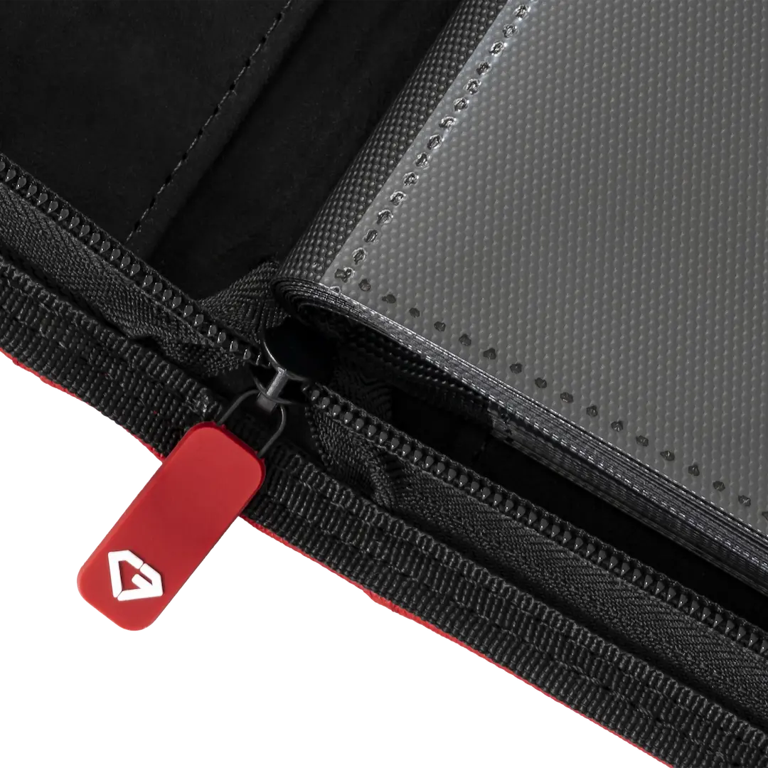 Nahaufnahme des Reißverschlusses des 12-Pocket Card Binder Rot, der hochwertige Qualität und ein strapazierfähiges Design zeigt.