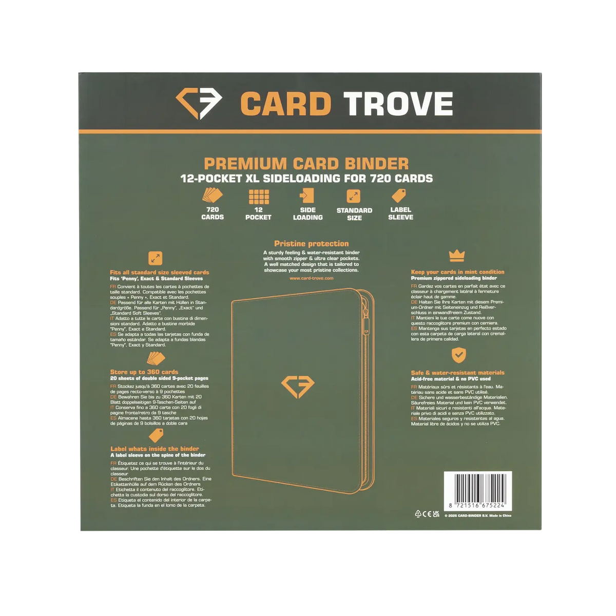 12-Pocket XL Card Binder Green packaging showing features and specifications for storing 720 standard trading cards.