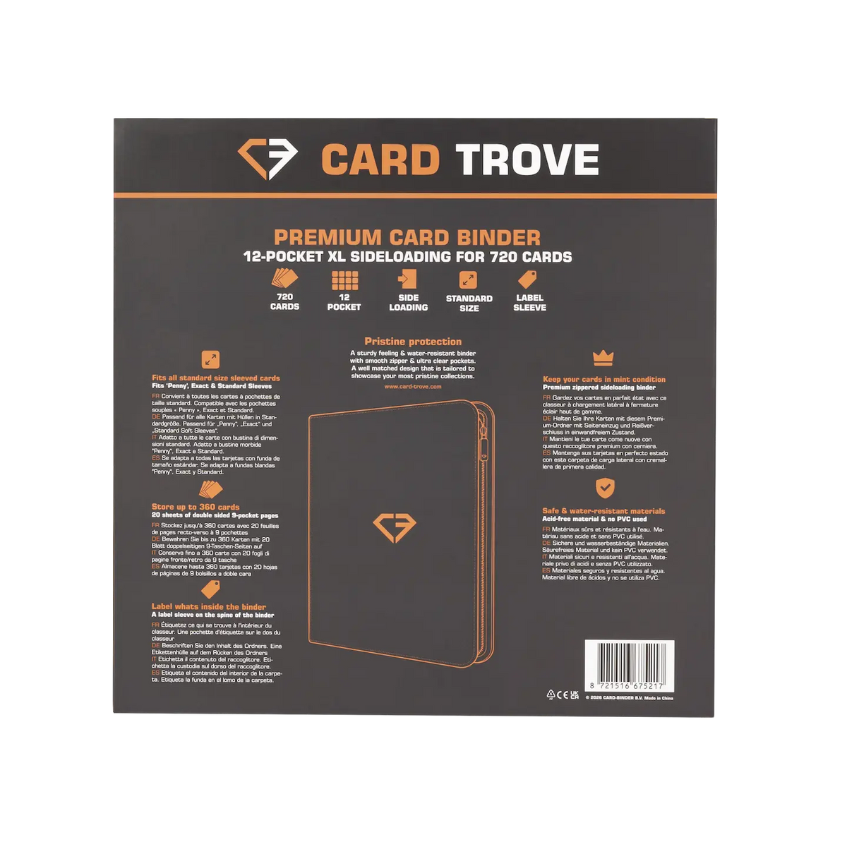 12 Pocket XL Card Binder back view showing features and benefits for storing 720 standard trading cards.
