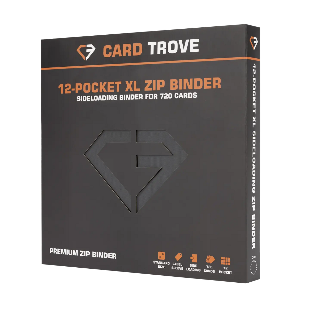 12 Pocket XL Card Binder with sideloading design for 720 standard trading cards, premium quality and splash resistant.