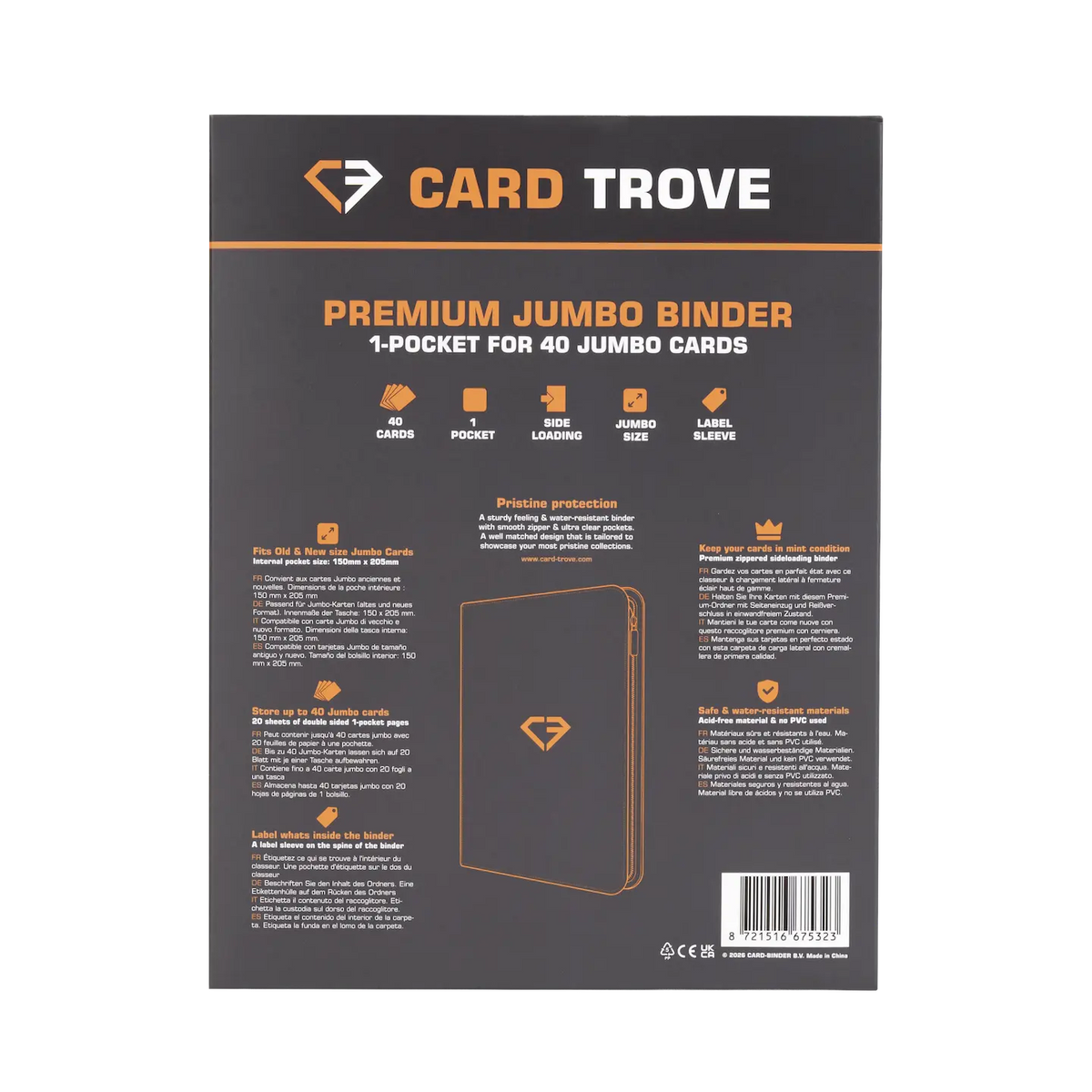 Oversized Jumbo Card Binder with premium design for 40 jumbo trading cards, featuring splash and impact resistant surface.