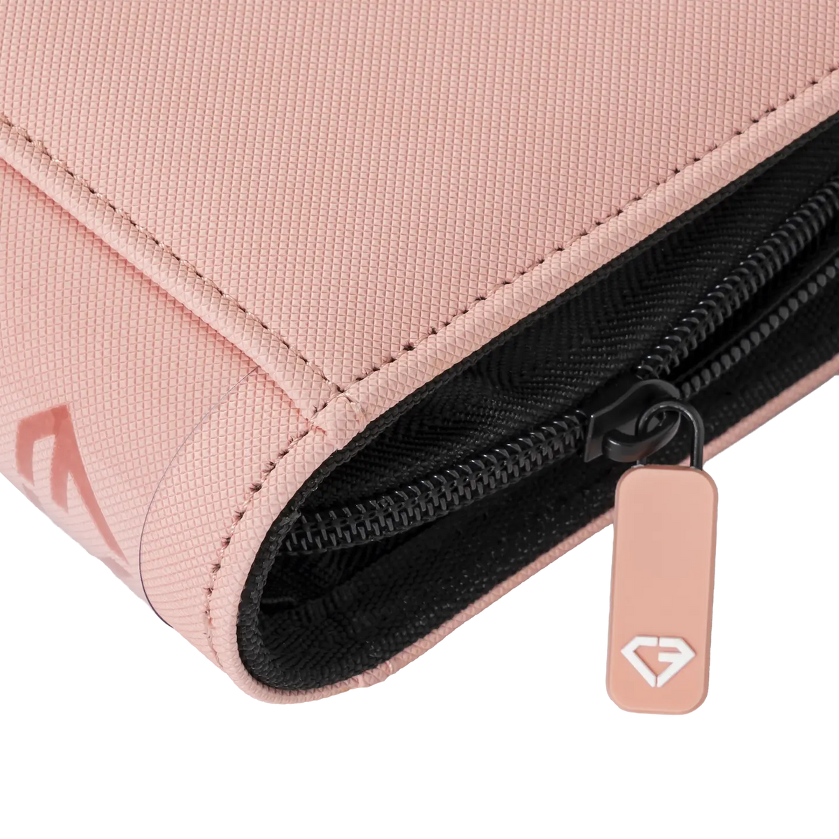 Close-up of the zipper and texture of the 4-Pocket Toploader Card Binder Pink in a sturdy design.