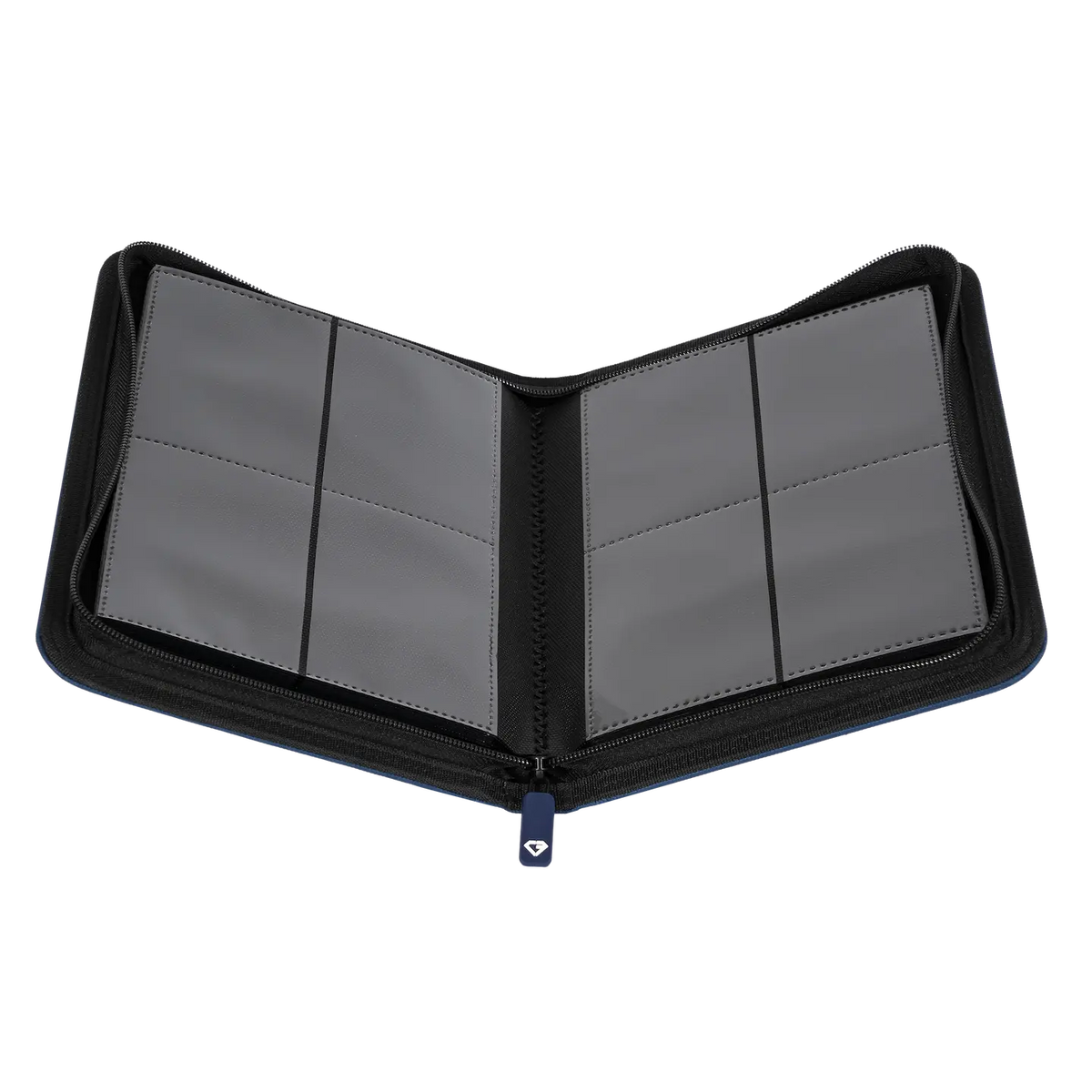 4-Pocket Card Binder Blue interior view with ultra clear sideloading compartments