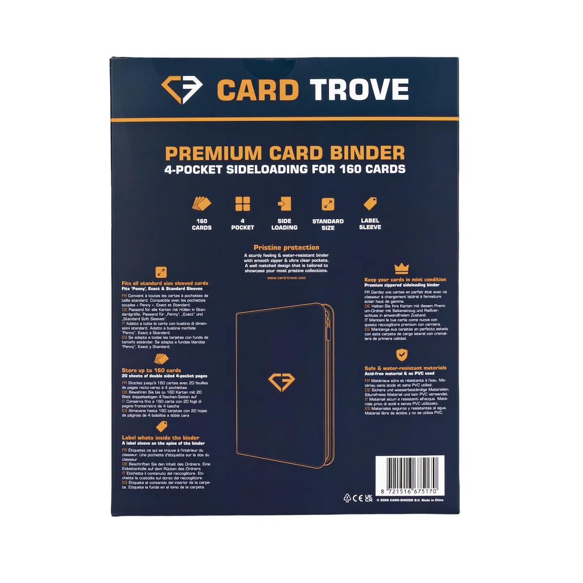 Back view of 4-Pocket Card Binder Blue with details for 160 standard trading cards.