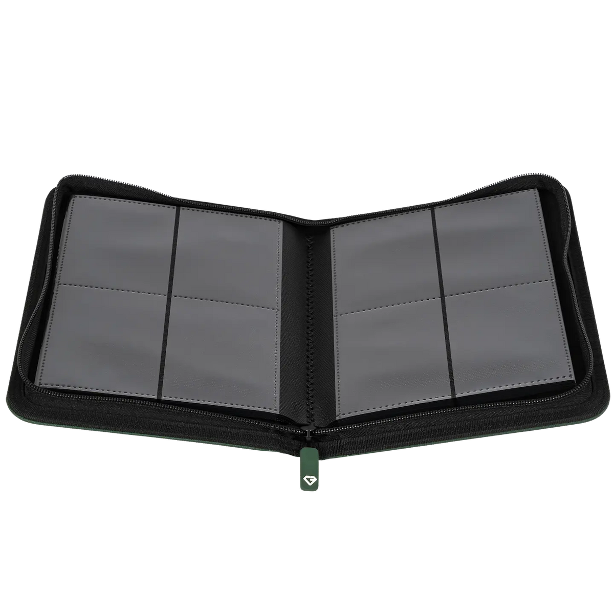 4-Pocket Card Binder Green for storing up to 160 trading cards, splash resistant with ultra clear compartments.