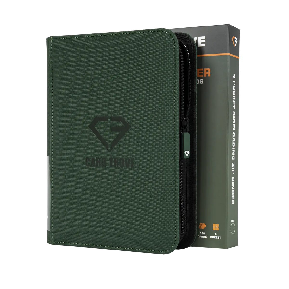 4-Pocket Card Binder Green, premium binder for 160 trading cards, splash resistant with smooth zipper.