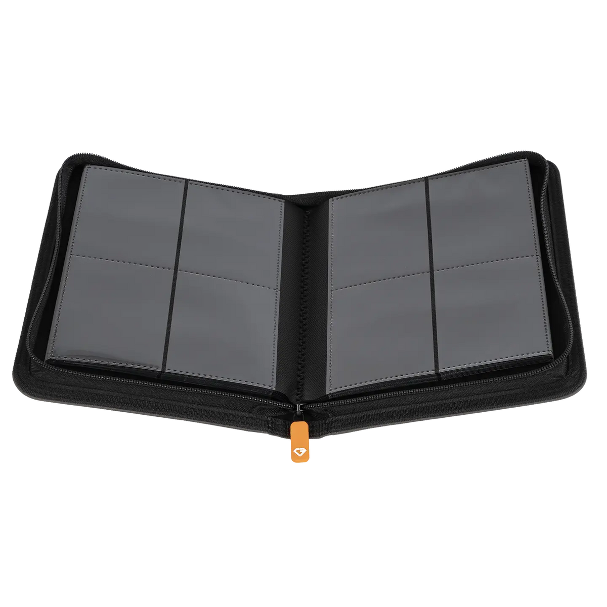 4-Pocket Card Binder Grey opened with clear compartments for storing trading cards.