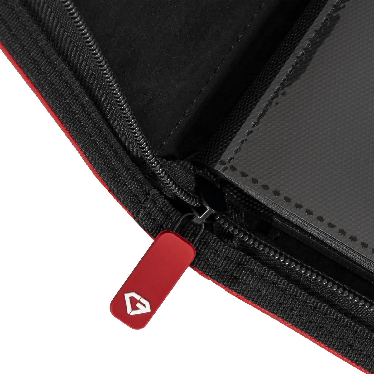 Detailed view of the smooth zipper on the 4-Pocket Card Binder Red, showcasing premium quality and secure closure.