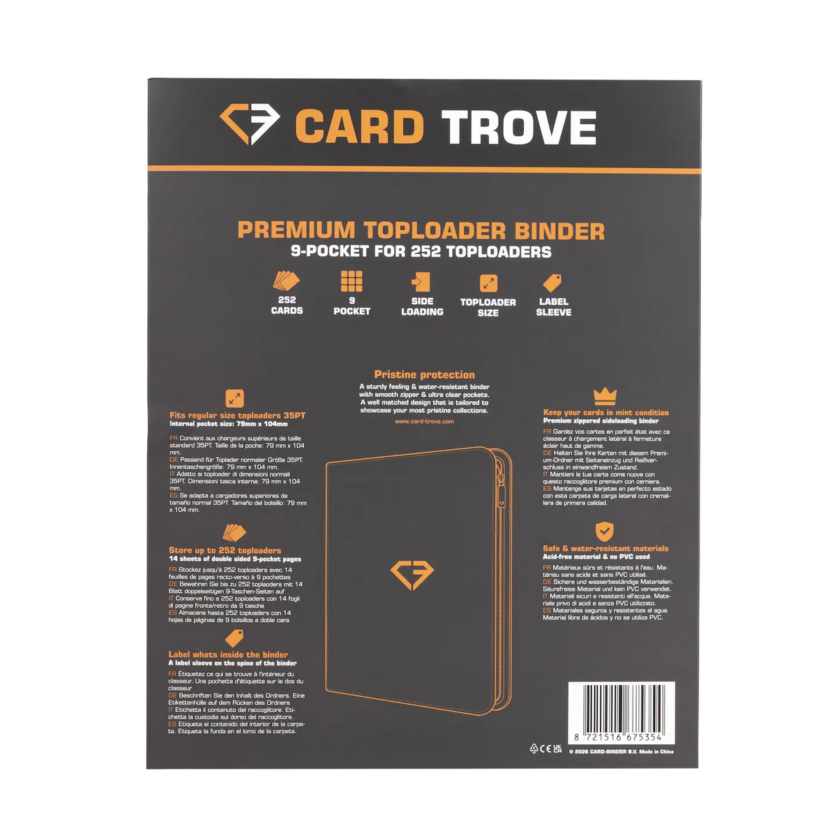 9-Pocket Toploader Card Binder - Trove Limited back cover showing features and specifications for 252 standard toploaders.