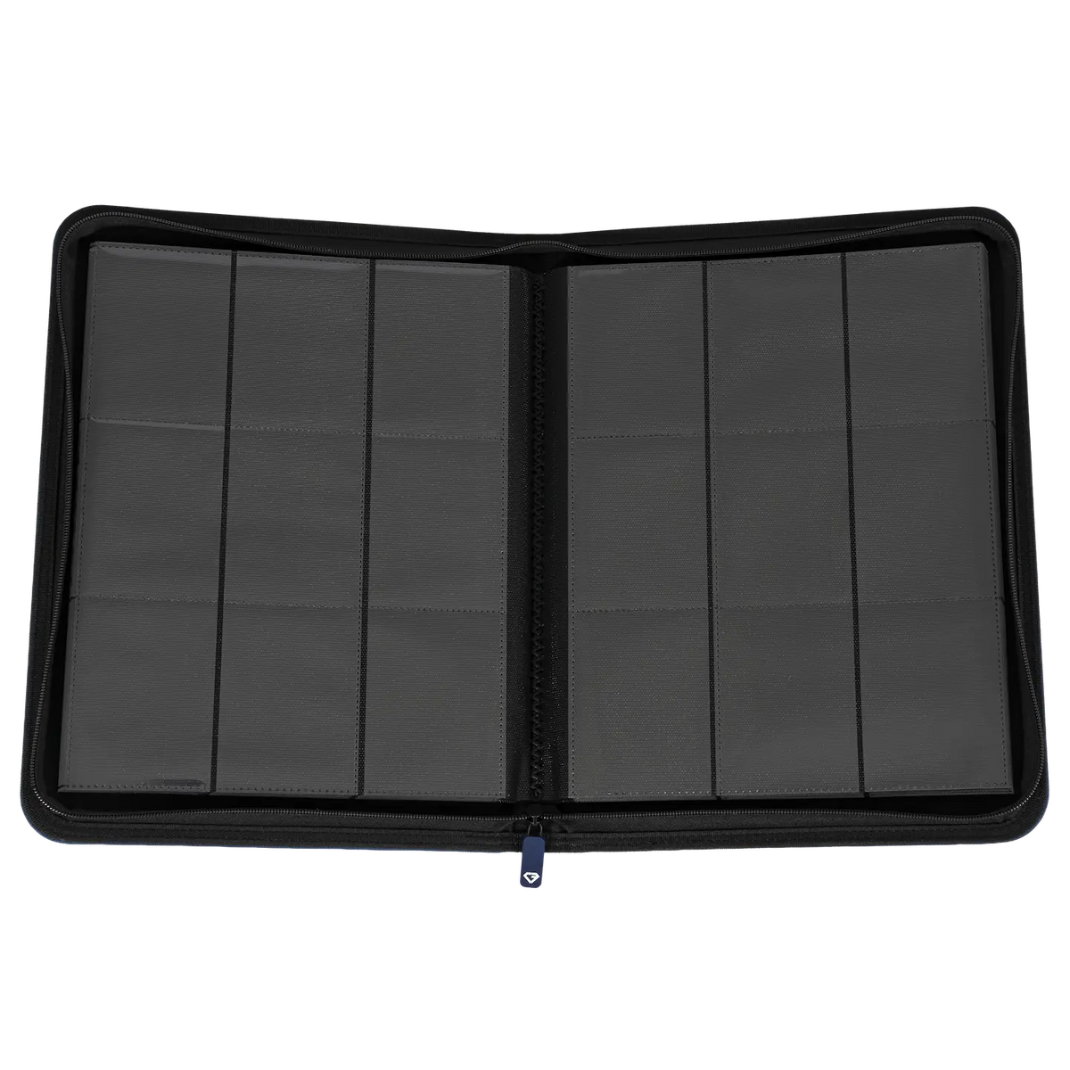 Reliure de cartes à 9 pochettes bleue, vue ouverte montrant les pages intérieures pour le rangement de cartes à collectionner.