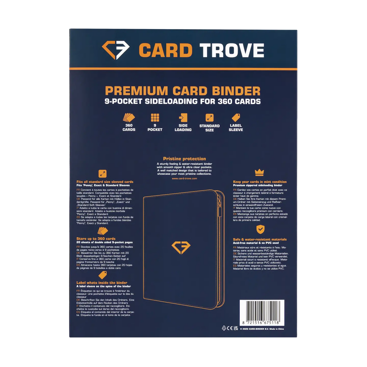 Reliure de cartes à 9 pochettes, couverture arrière bleue, affichant les caractéristiques pour 360 cartes à collectionner standard.