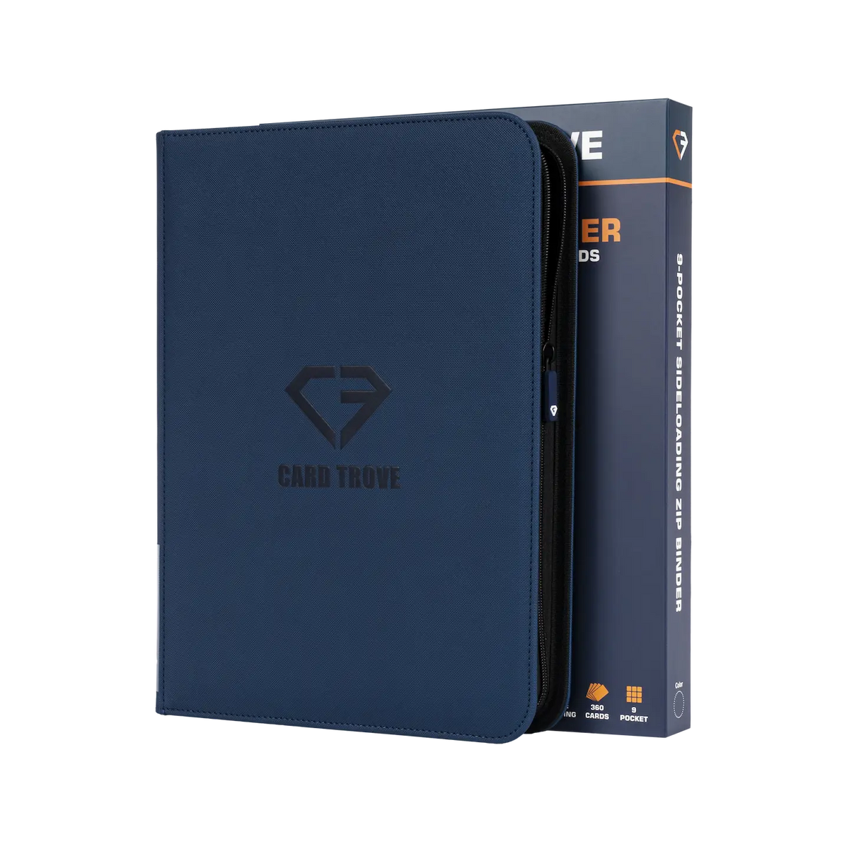 Classeur de cartes 9 pochettes bleu avec fermeture éclair lisse et compartiments ultra-clairs à chargement latéral pour cartes à collectionner.
