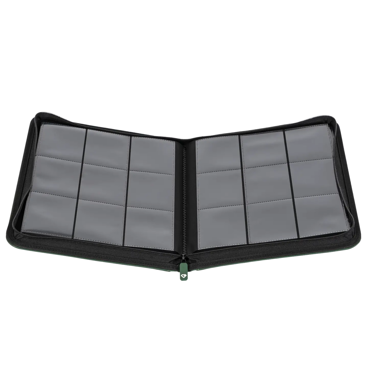 9-Pocket Card Binder Green open displaying clear compartments for storing trading cards.