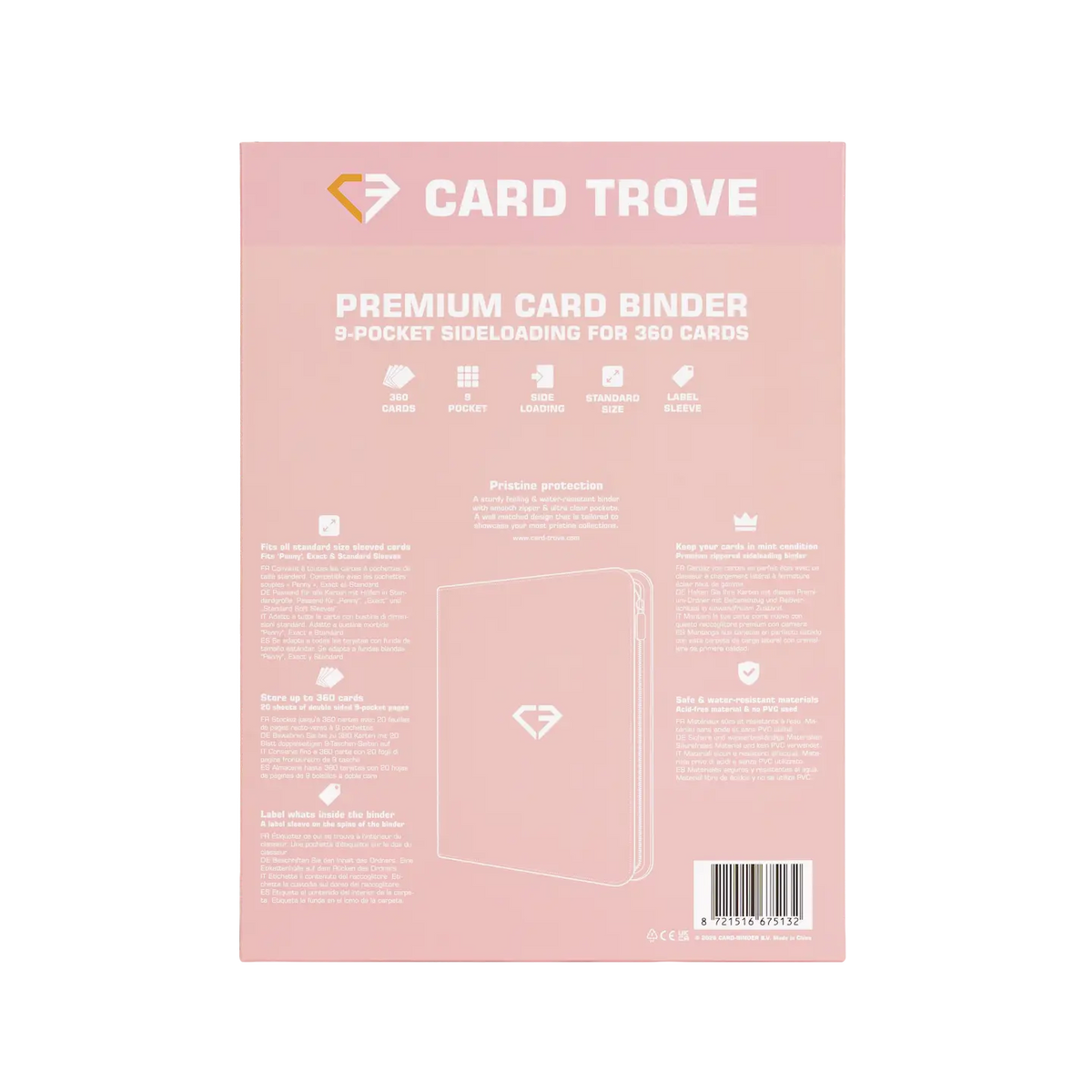 9-Pocket-Kartenbinder Pink, Rückansicht, hebt Premium-Funktionen und Designdetails für Standard-Sammelkarten hervor.
