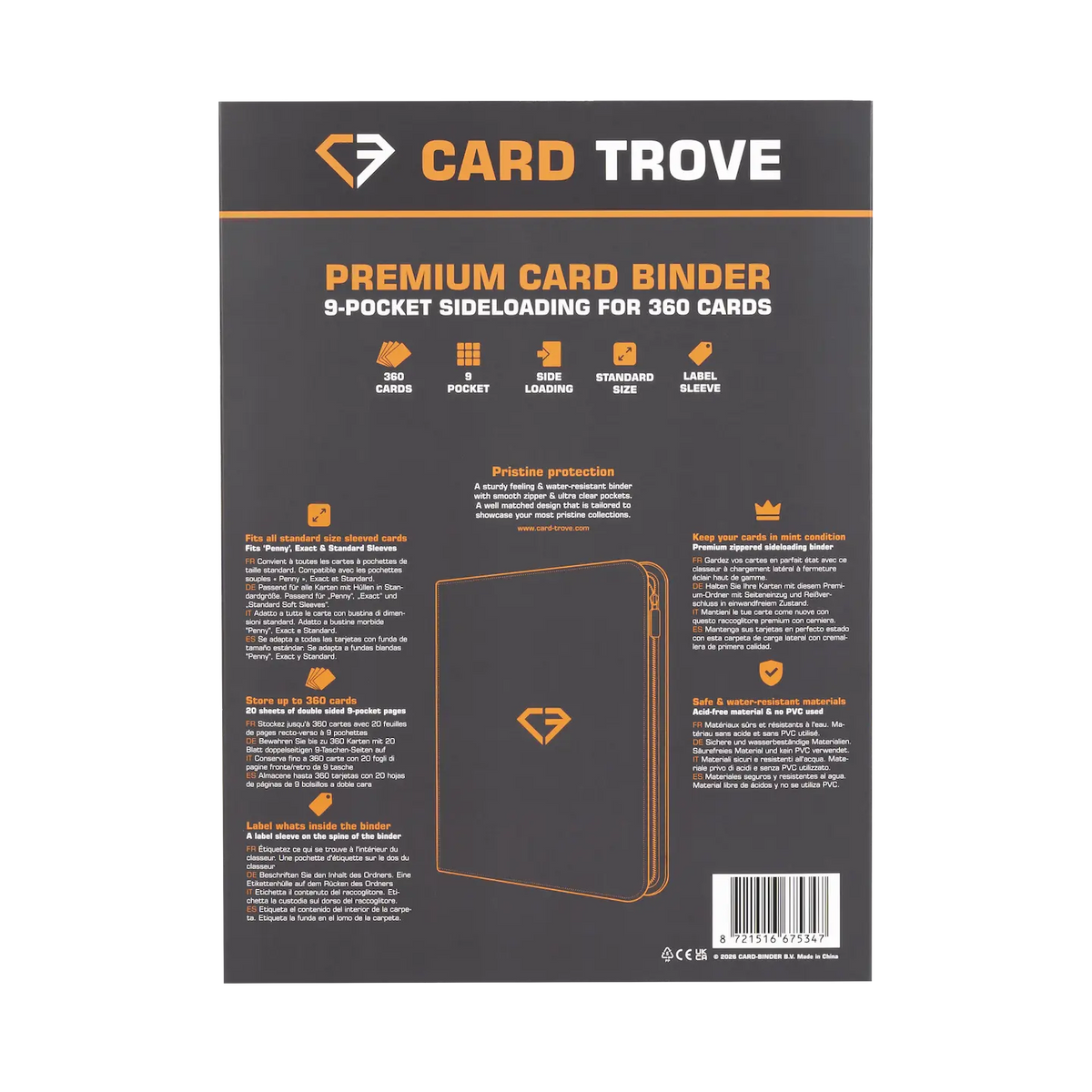 9-Pocket Karten-Binder – Trove Limited Rückseite mit Funktionen für 360 Standard-Sammelkarten.