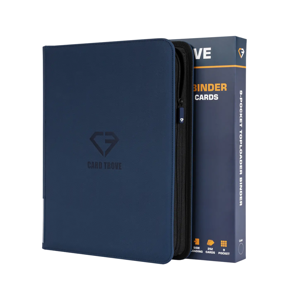 9-Pocket Toploader Card Binder Blue for storing 252 standard toploaded trading cards with zipper closure.