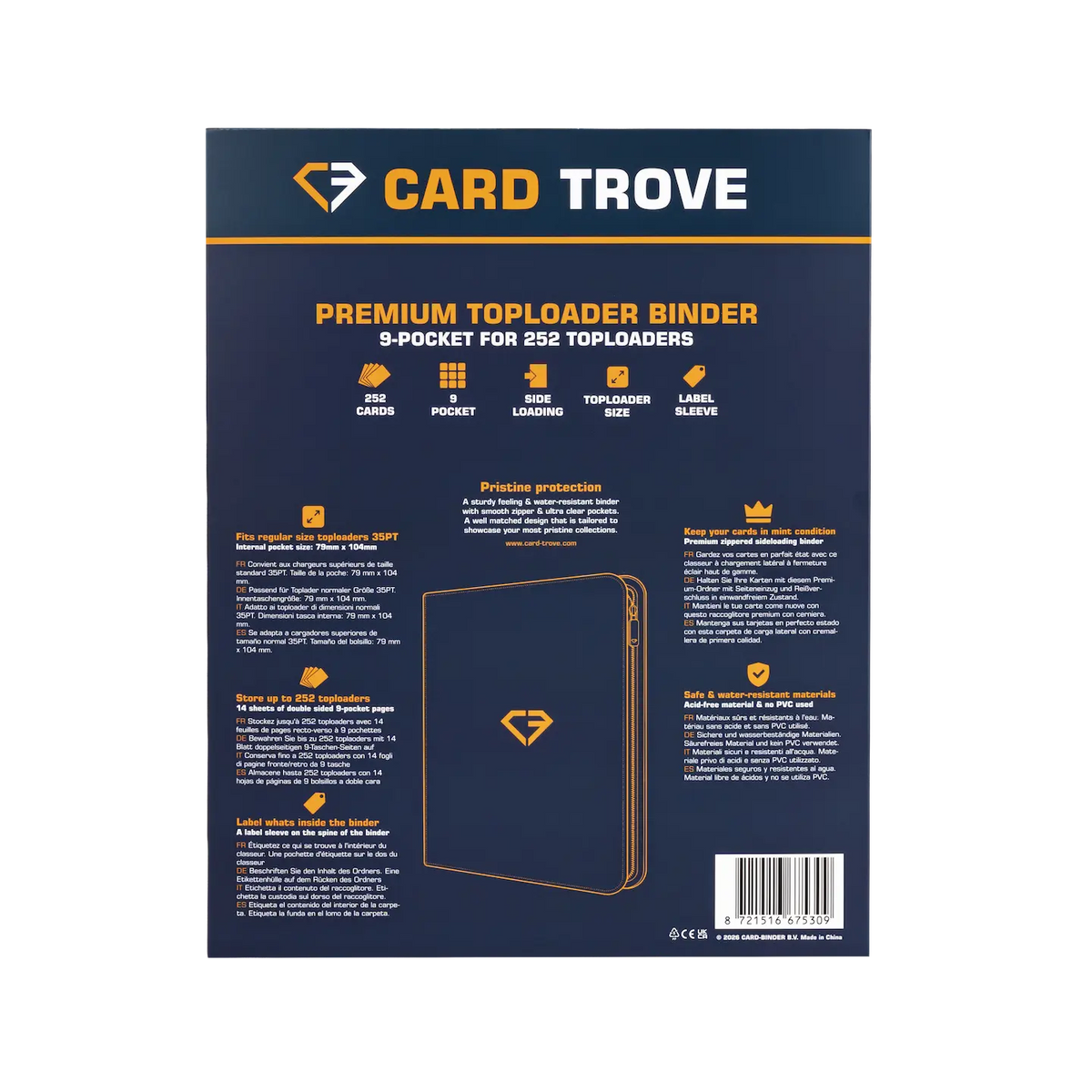 9-Pocket Toploader Card Binder Blue back view showcasing premium features and design for 252 toploaders.