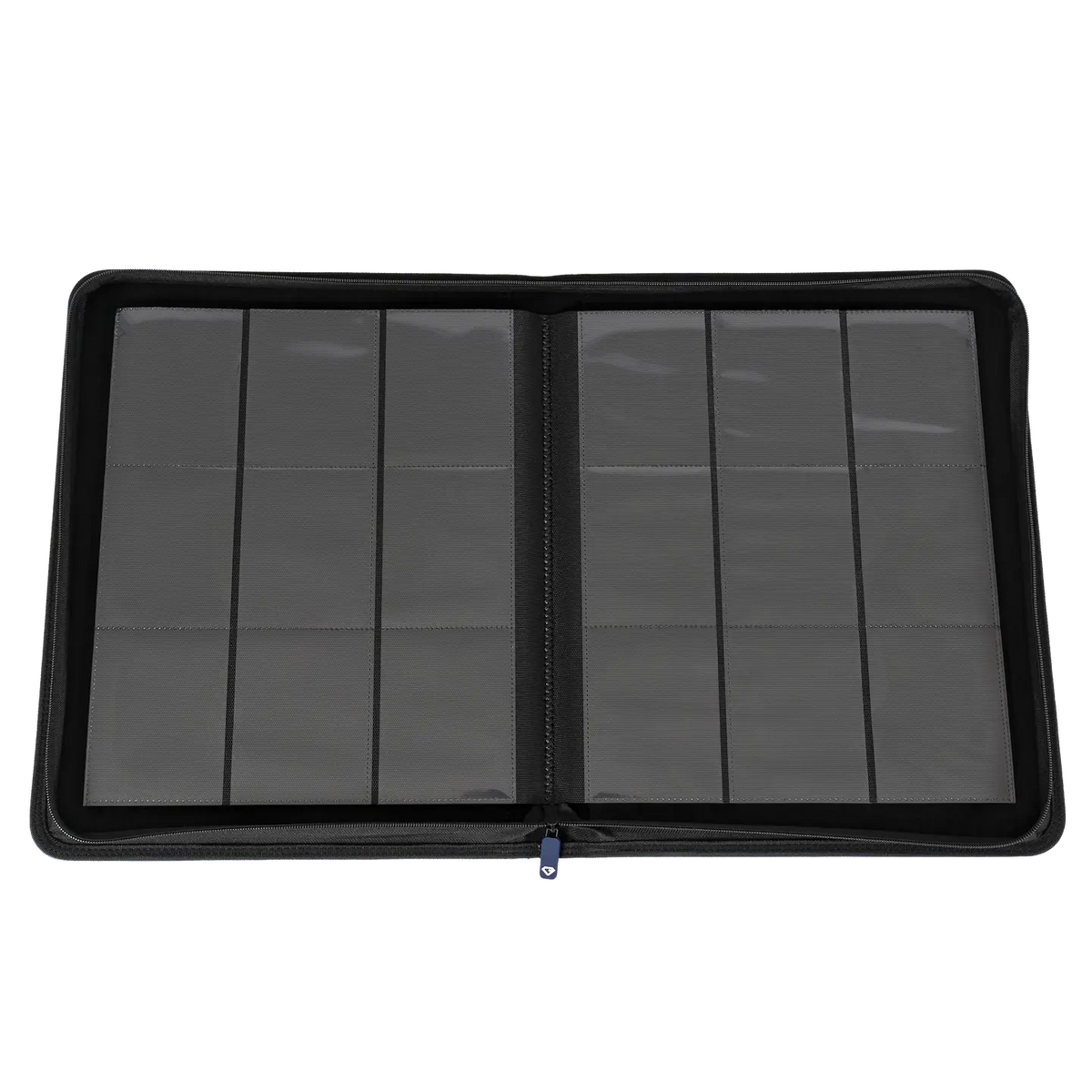 9-Pocket Toploader Card Binder Blue with ultra clear sideloading compartments and smooth zipper.