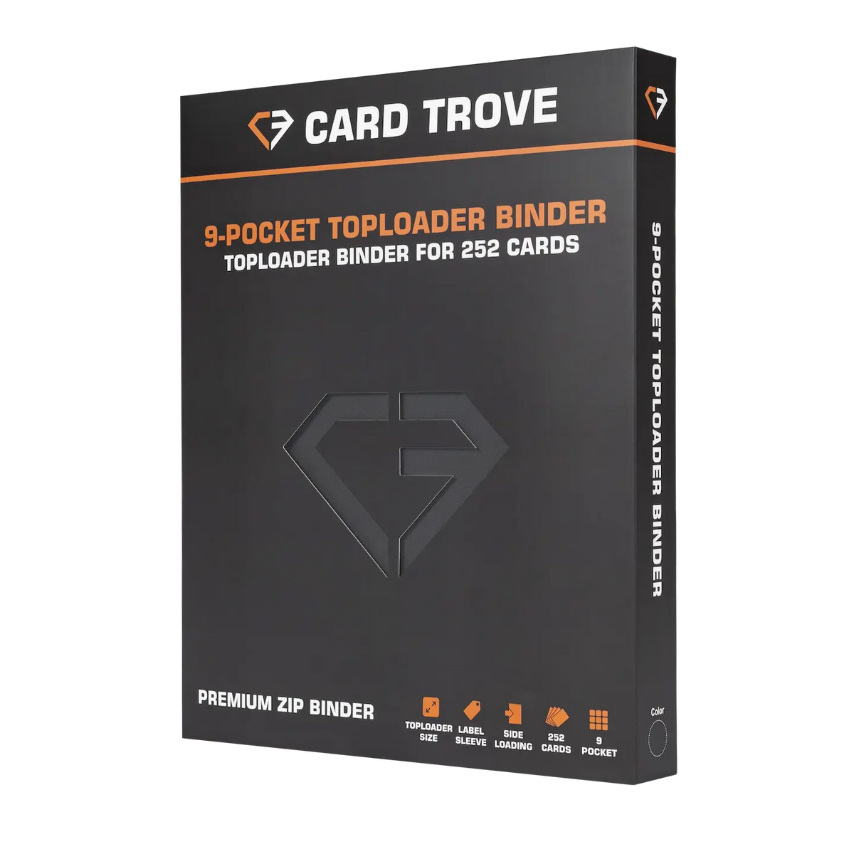 9 Pocket Toploader Card Binder for storing 252 trading cards, featuring ultra-clear compartments and smooth zipper.