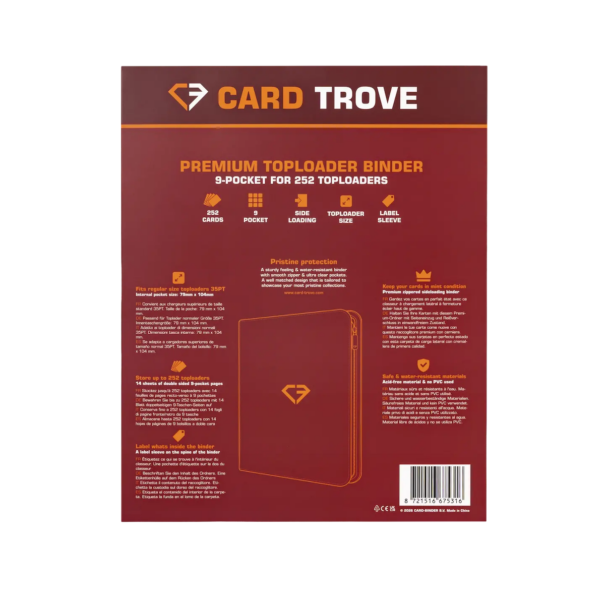 9-Pocket Toploader Card Binder Red back view with features and specifications for up to 252 toploaders.