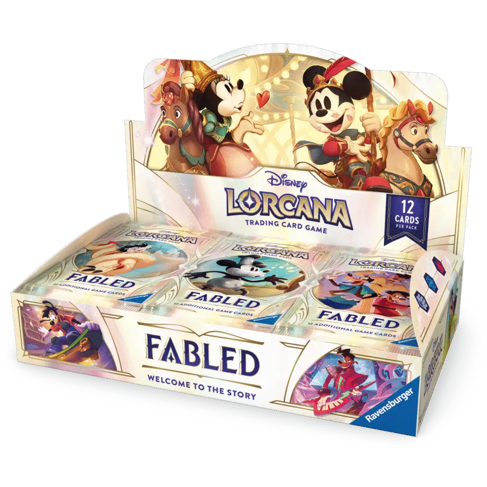 Anzeige einer Disney Lorcana Fabled Booster Box mit 12 Sammelkartenspielen, ideal für Gameplay und Deckbau.
