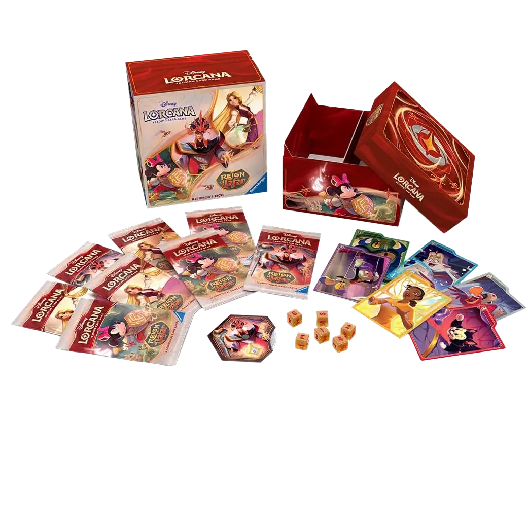 alt
Reign of Jafar Illumineer's Trove mit Booster-Packs, Karten und einer Deluxe-Aufbewahrungsbox von Disney Lorcana.
