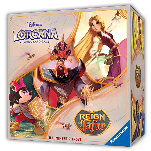 Boîte Illumineer's Trove Reign of Jafar mettant en vedette Jafar, Raiponce et Mickey Mouse de Disney Lorcana.