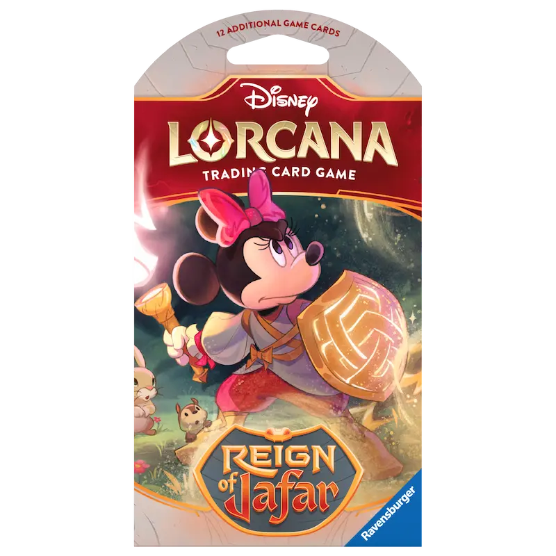 Reign of Jafar Sleeved Booster met Disney Lorcana met Minnie Mouse en 12 extra speelkaarten.