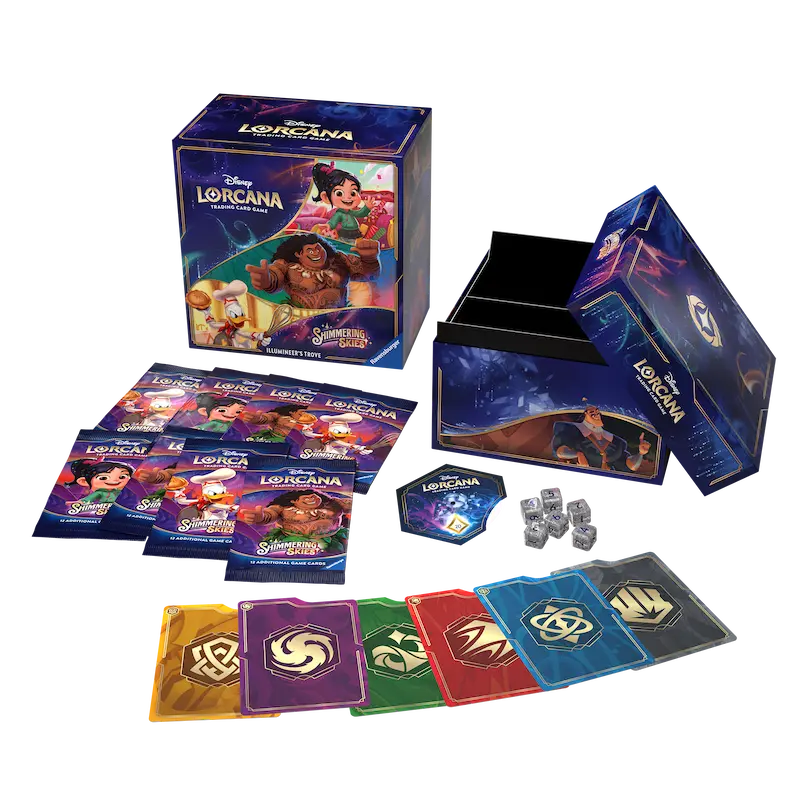 Shimmering Skies Illumineer's Trove featuring booster packs, cards, and storage box from Disney Lorcana.