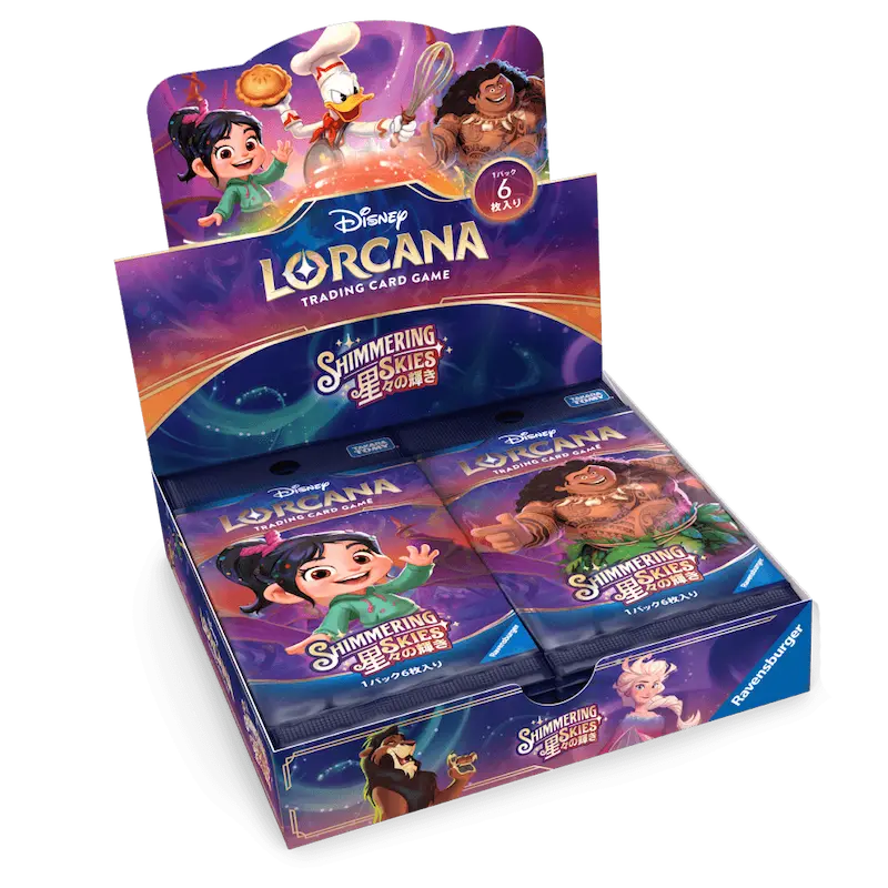 Shimmering Skies Japanese Booster Box displayed in a colorful packaging from the Disney Lorcana trading card game.