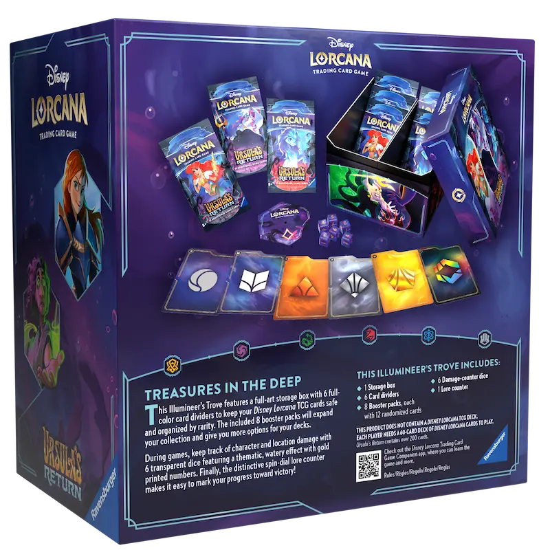 Disney Lorcana Ursula's Return Illumineer's Trove features booster packs, storage box and game pieces for trading card enthusiasts.